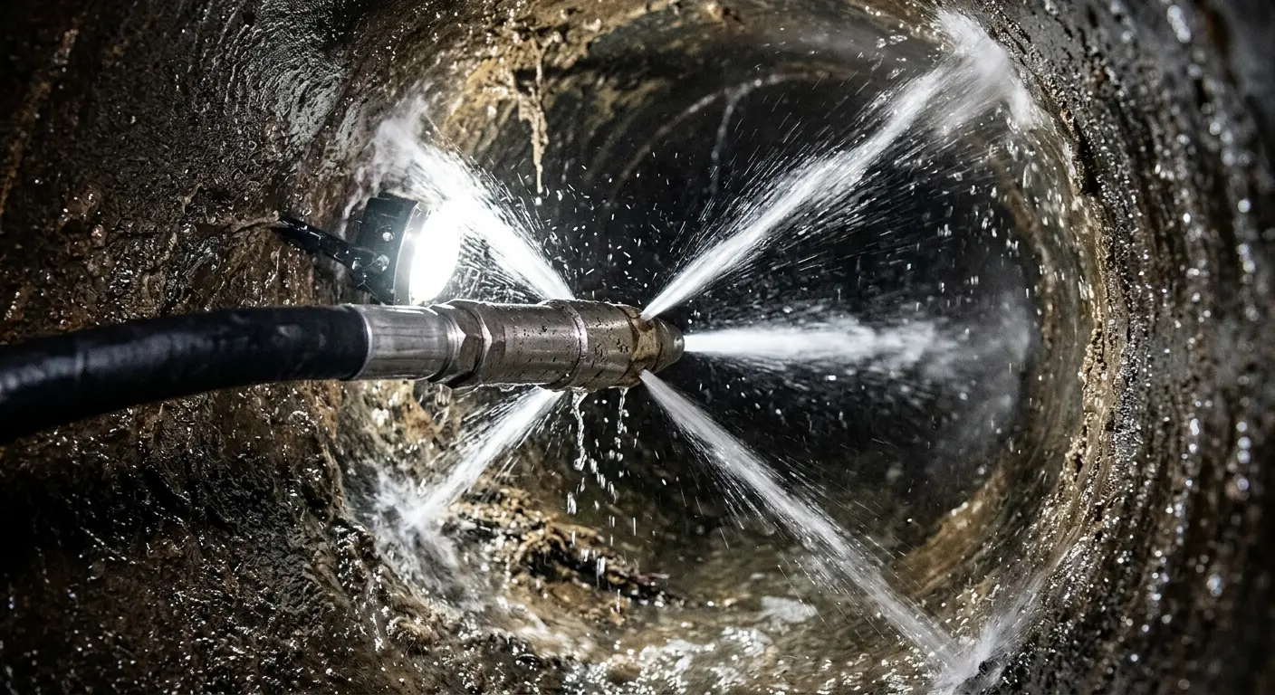 High-pressure hydro jetting nozzle cleaning sewer pipe for Trenchless Sewer Repair in Langley Park