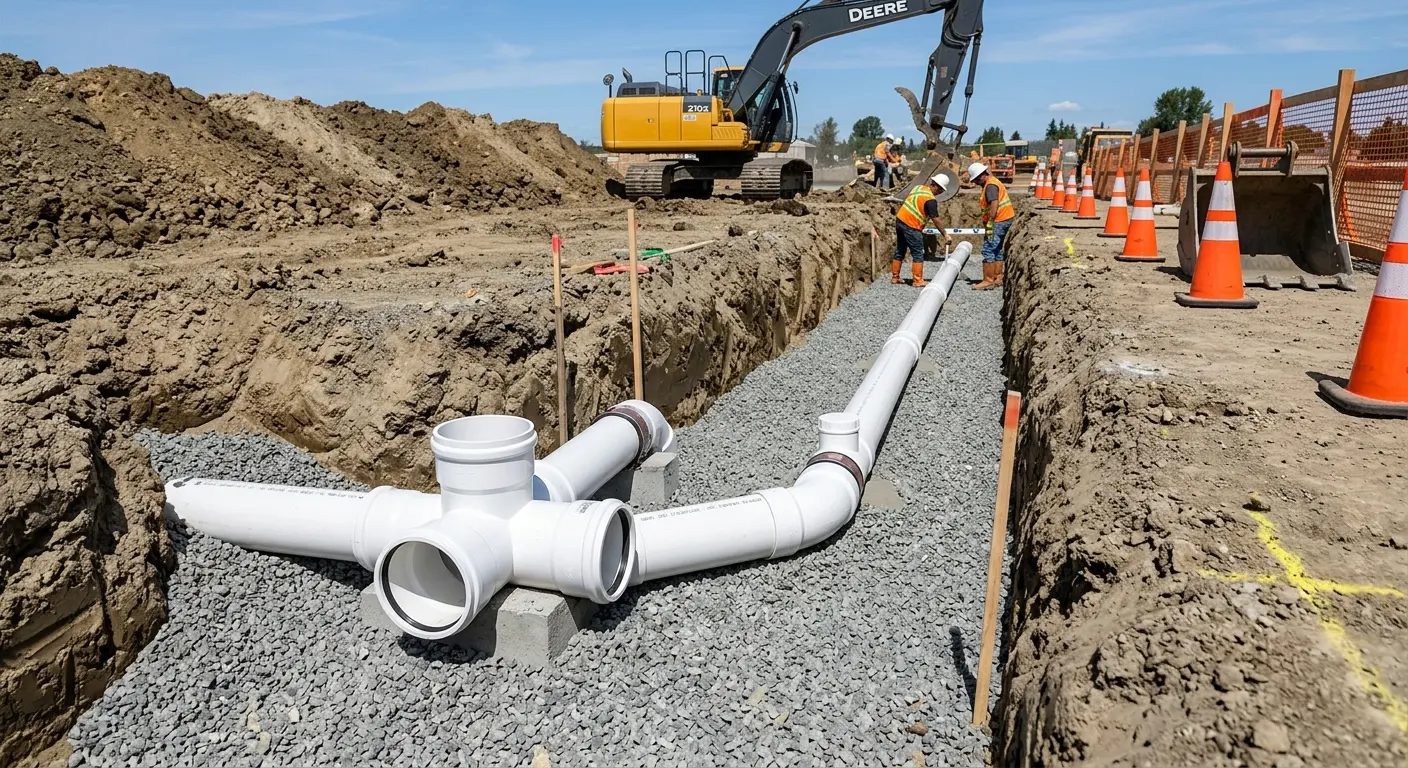 New PVC sewer pipe installation in open trench for Sewer Backup in Langley Park