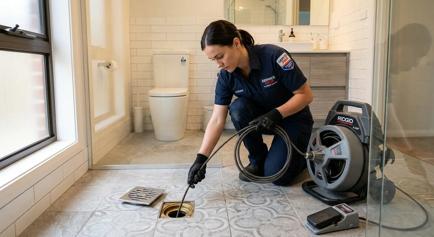 Technician clearing a bathroom floor drain for Hydro Jetting in Langley Park